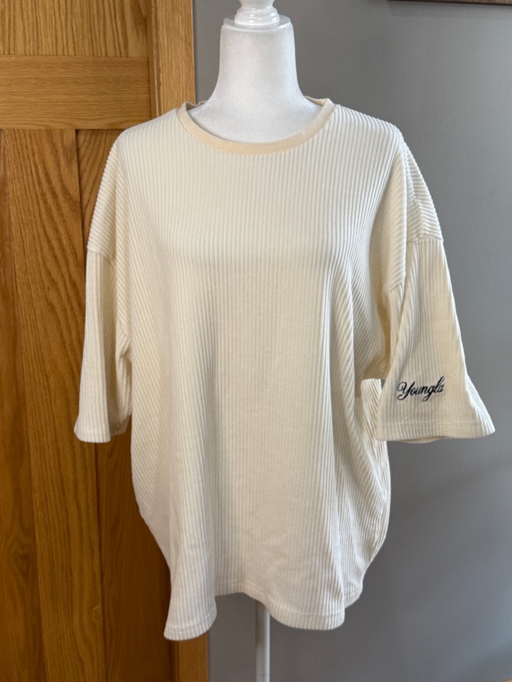 YoungLA Cream Ribbed Short Sleeve Tee with Sleeve Logo
